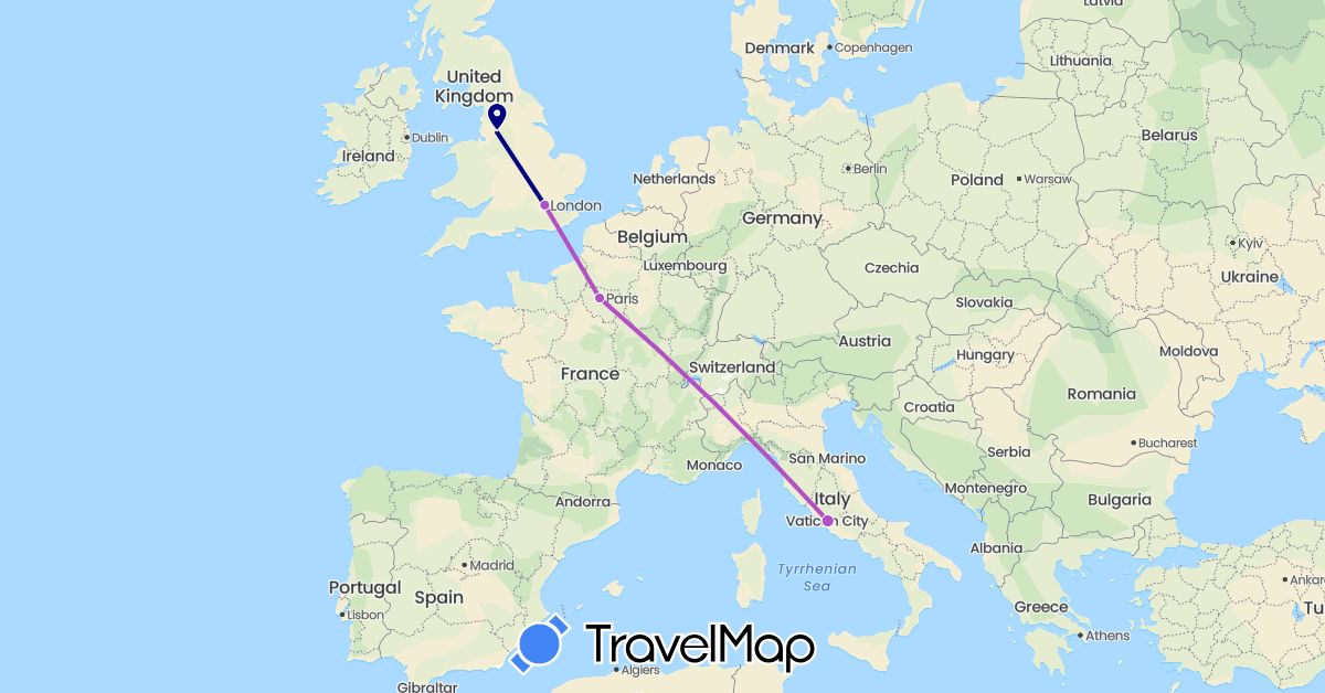 TravelMap itinerary: driving, plane, train in France, United Kingdom, Italy (Europe)